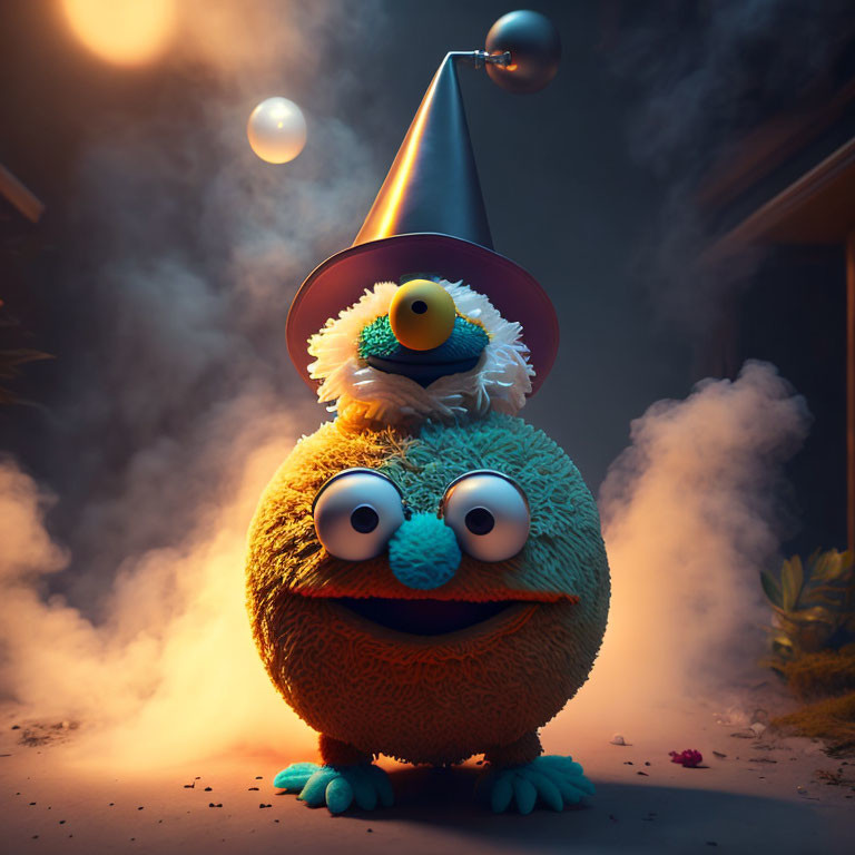 Whimsical 3D animated character with big eyes and party hat gazes at floating light orb