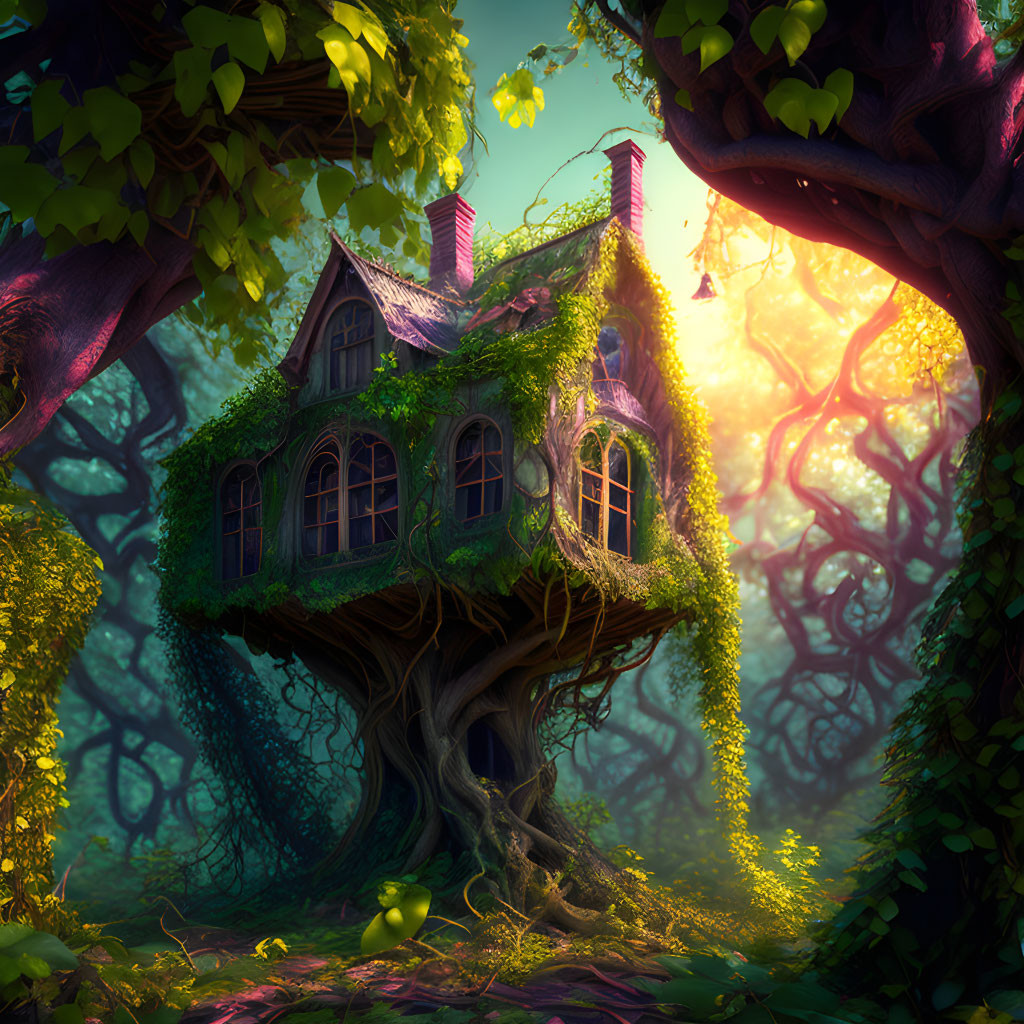 Mystical forest treehouse bathed in warm light