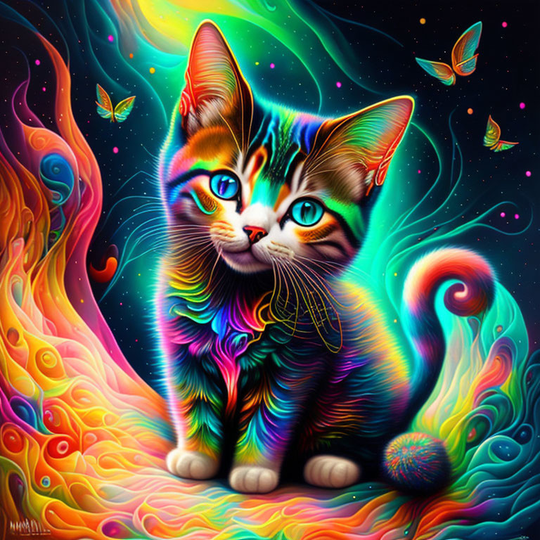 Vibrant Psychedelic Kitten Illustration with Cosmic Backgrounds