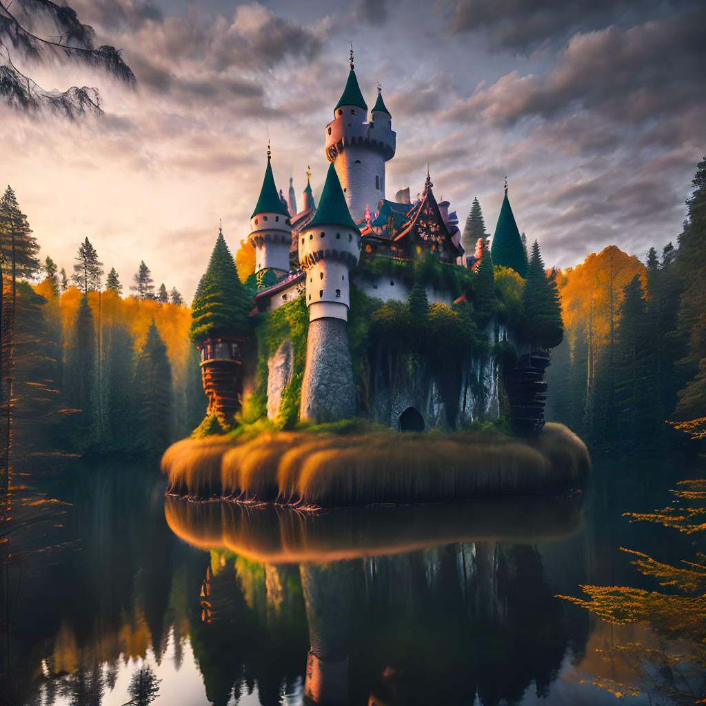 Castle with spires and turrets on forested islet reflected in sunset waters