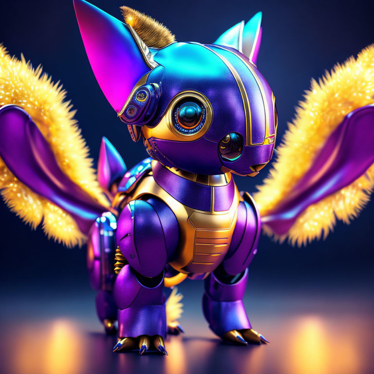 Metallic Purple and Gold Robotic Fantasy Fox with Wings in 3D Art