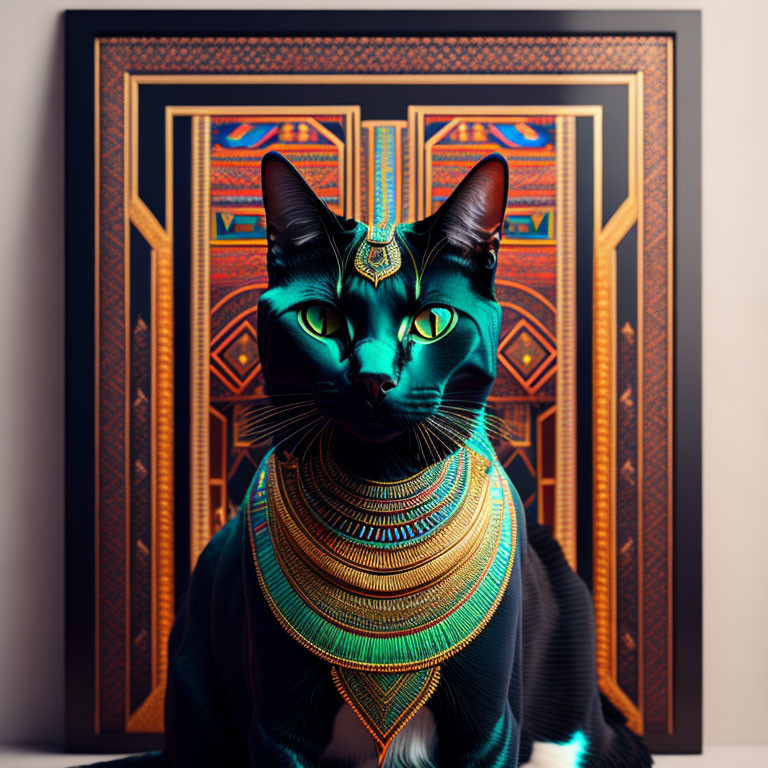 Stylized black cat with blue eyes in Egyptian-themed jewelry and headdress