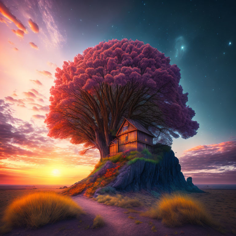 Vibrant tree in bloom on hill with wooden cabin at sunset