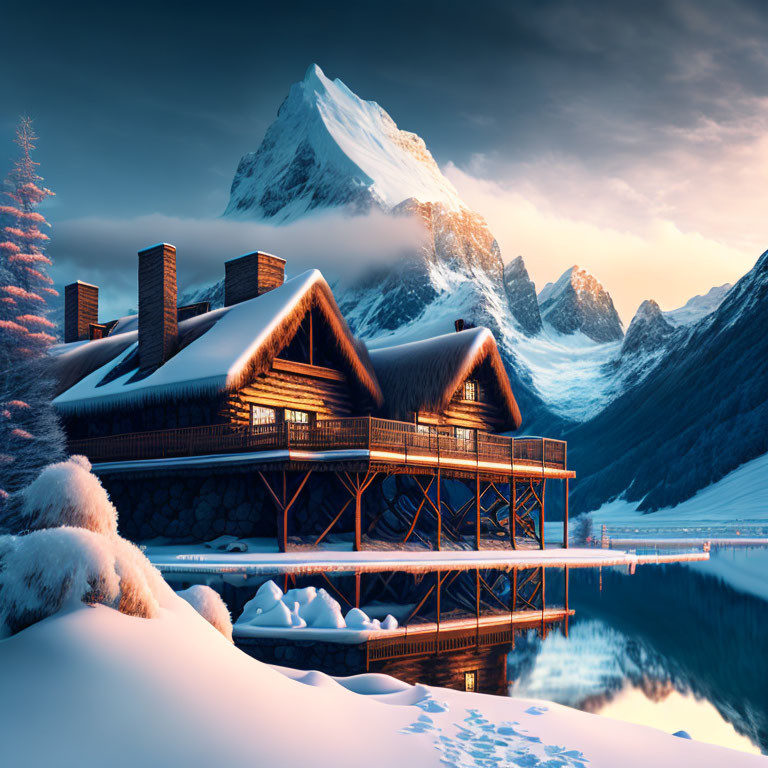 Snow-covered chalet by still lake in winter dusk