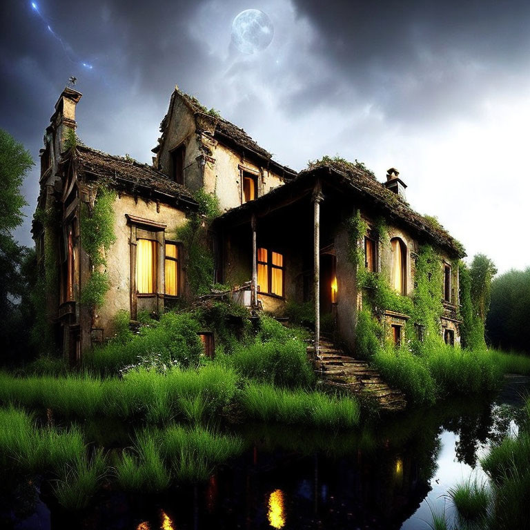 Eerie abandoned house in moonlit night with lush greenery and calm pond