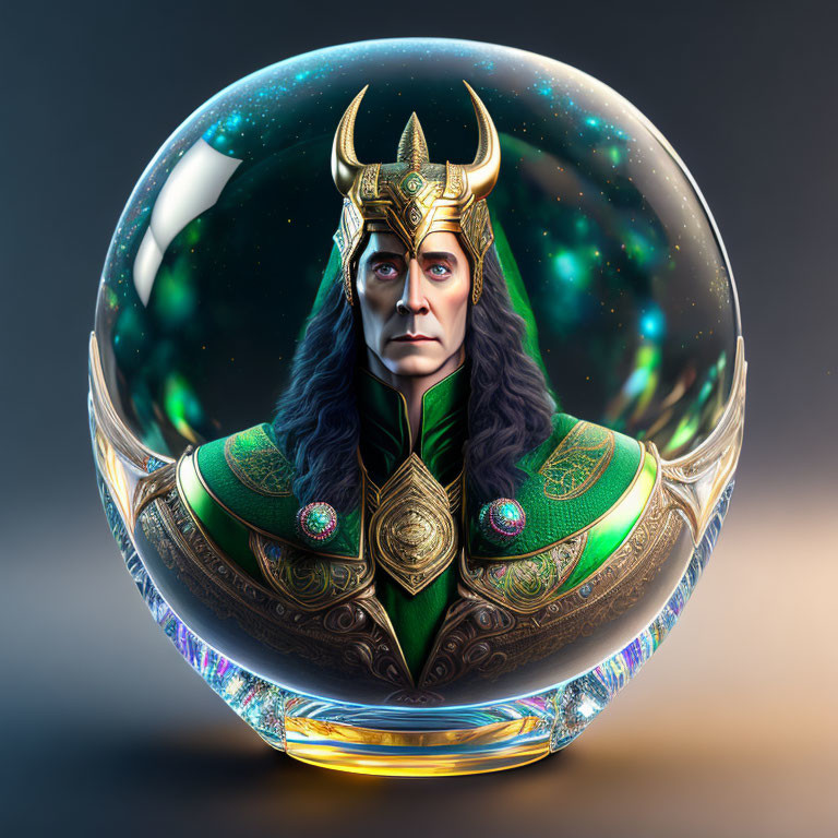 Detailed Illustration: Norse God-Like Character in Crystal Ball & Cosmic Background