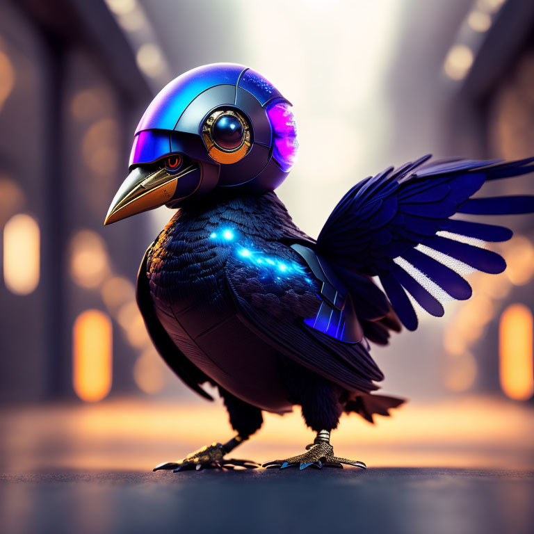 Futuristic robotic crow with metallic body in softly lit corridor