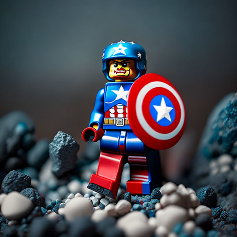 Captain America Lego Figurine with Shield on Rock Background