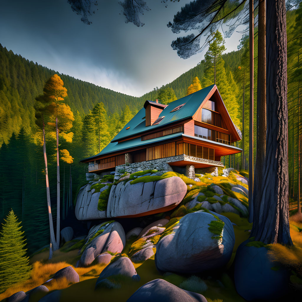 Tranquil two-story cabin on boulders amid pine trees