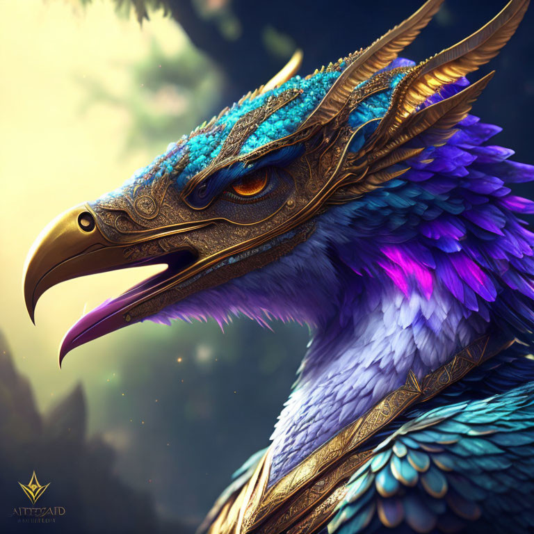 Fantastical bird with blue and purple feathers and golden headgear