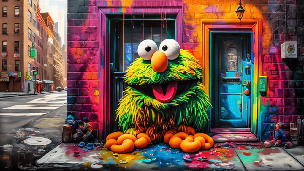 Colorful street art of fluffy character on city sidewalk