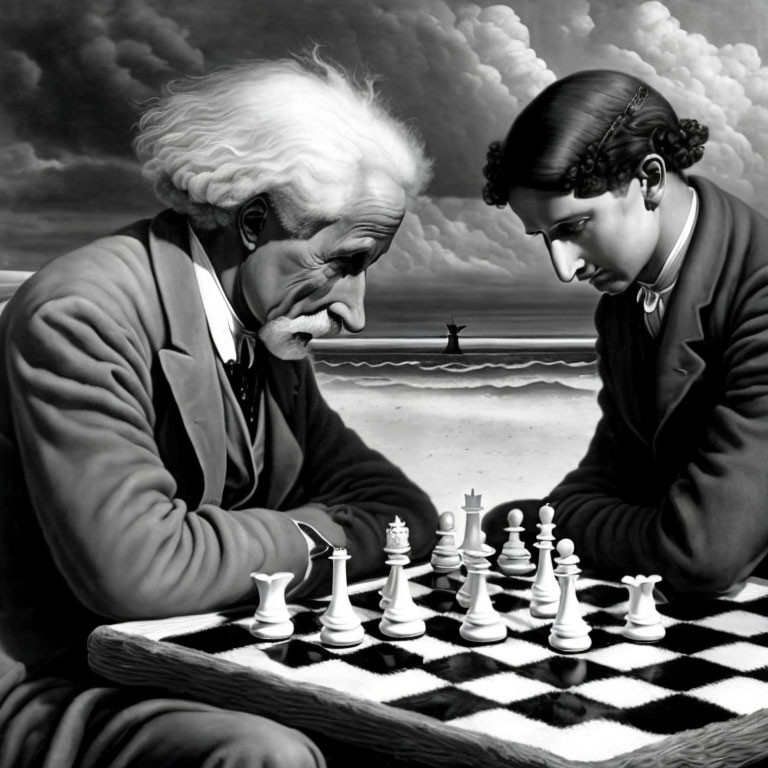 Elderly man and young person playing chess on surreal beach background