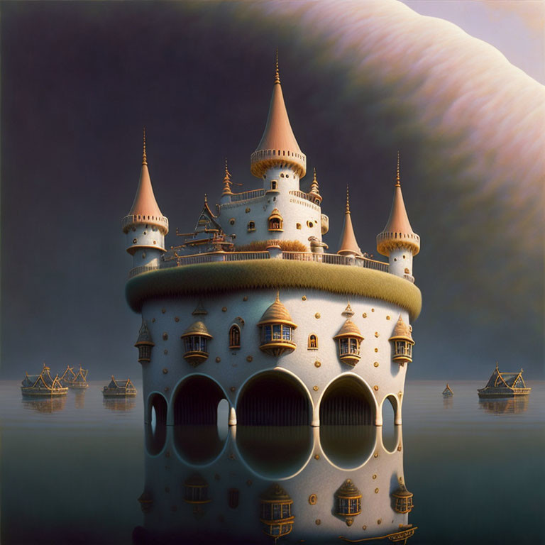 Majestic fairy-tale castle with turrets above water at dusk