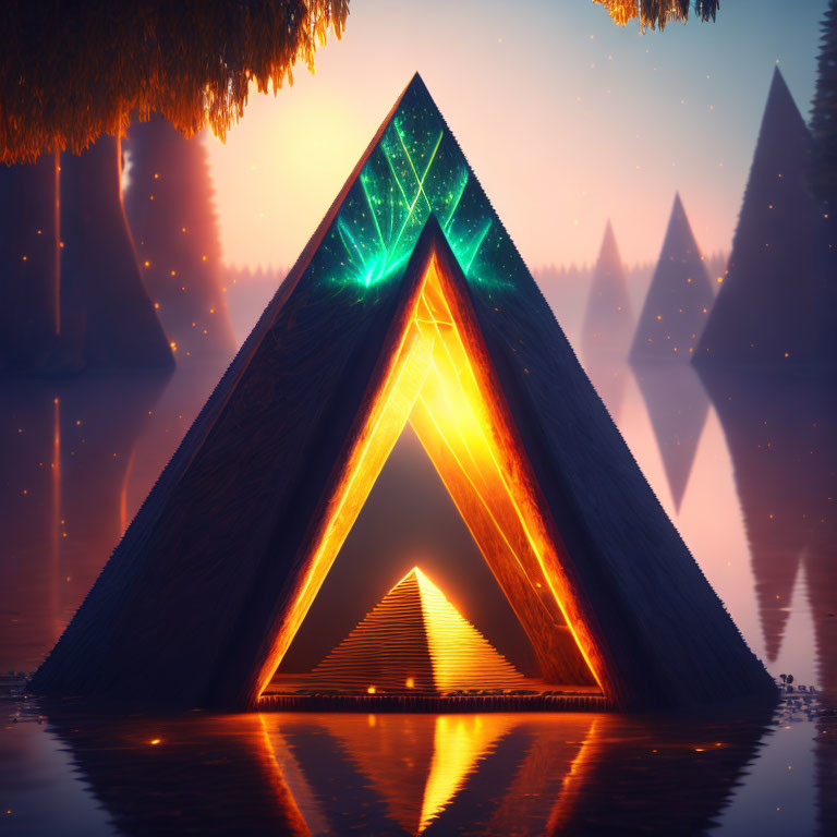 Luminous triangular structure glowing over tranquil waters at dusk