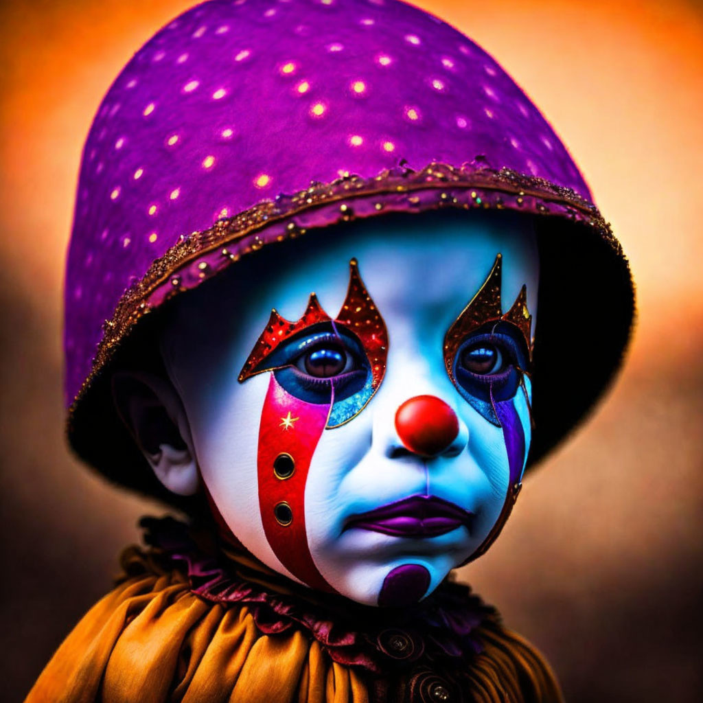 Child in Clown Costume with Purple Hat and Expressive Makeup