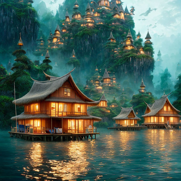 Traditional Houses on Water with Mystical Mountain Landscape and Ethereal Fog at Dusk