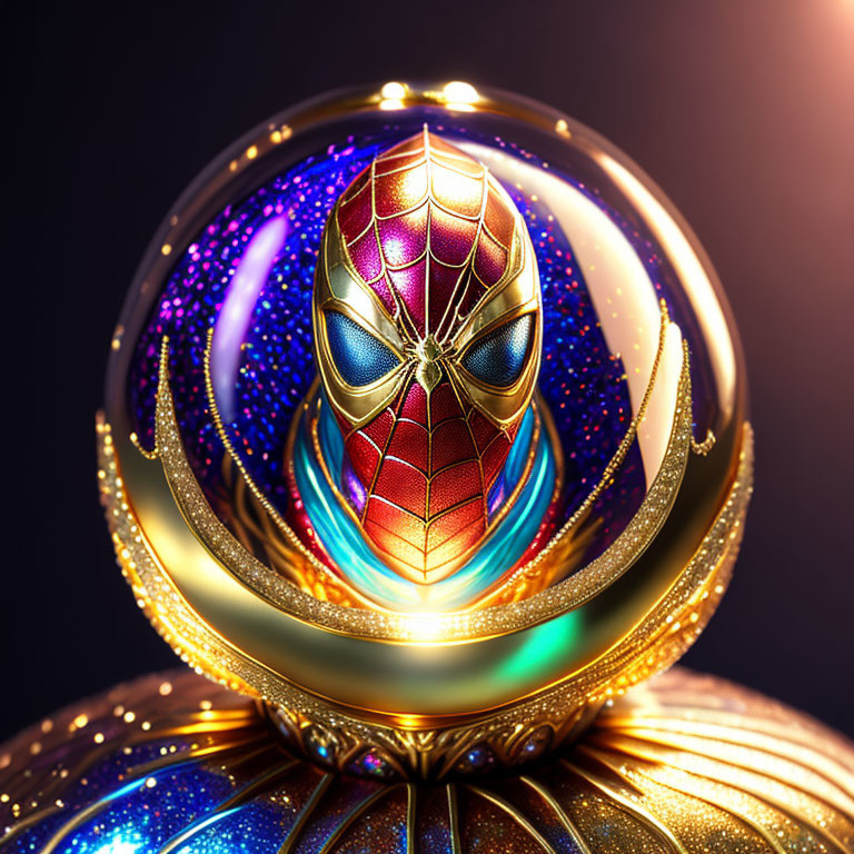 Spider-Man mask in translucent orb with golden aura and cosmic background