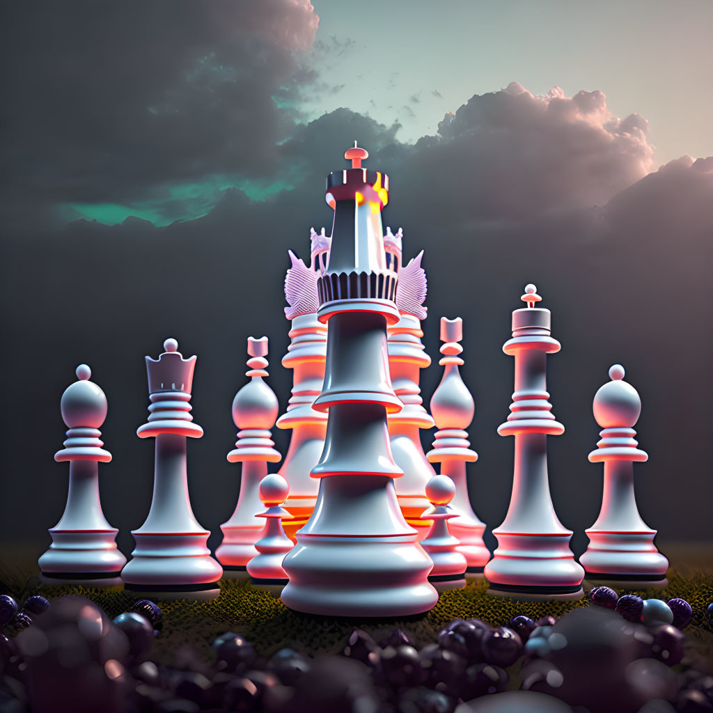 Fantasy-themed chess set with oversized glowing pieces and winged king on grassy field under dramatic cloudy