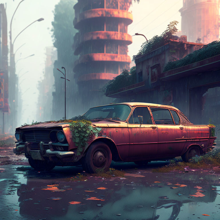 Rusty abandoned car in overgrown street with futuristic buildings