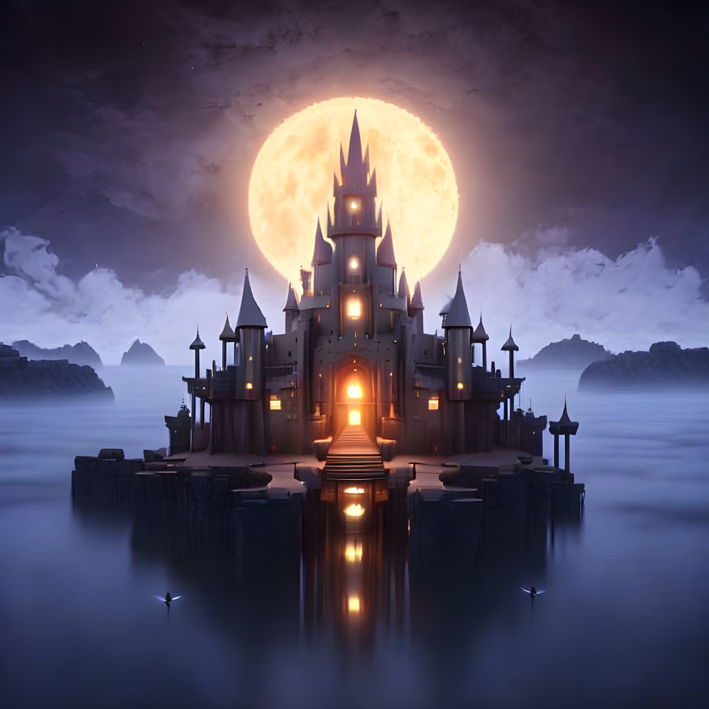 Mystical castle on isolated rock in moonlit mist