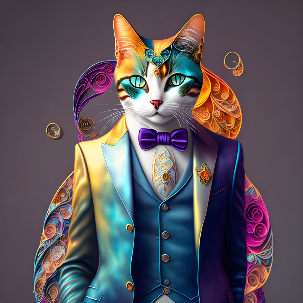 Colorful anthropomorphic cat in ornate suit and bow tie with swirls and jewelry