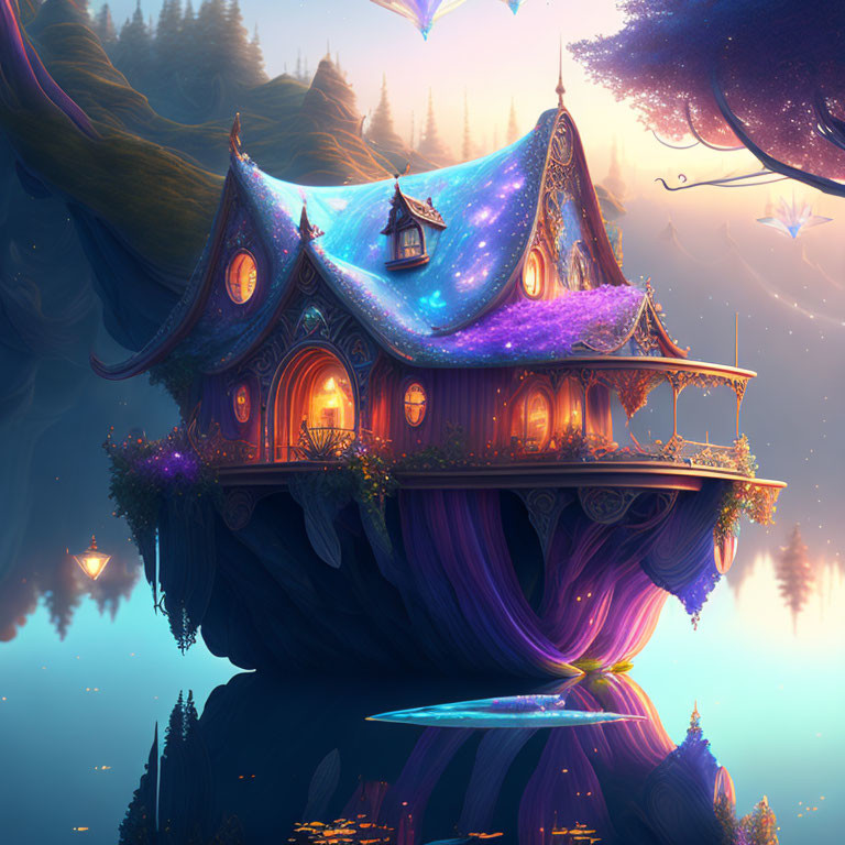 Vibrant magical house on whimsical floating island at dawn