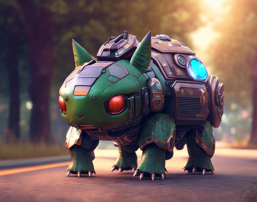 Detailed Armored Shell Robotic Turtle Crossing Sunlit Forest Road