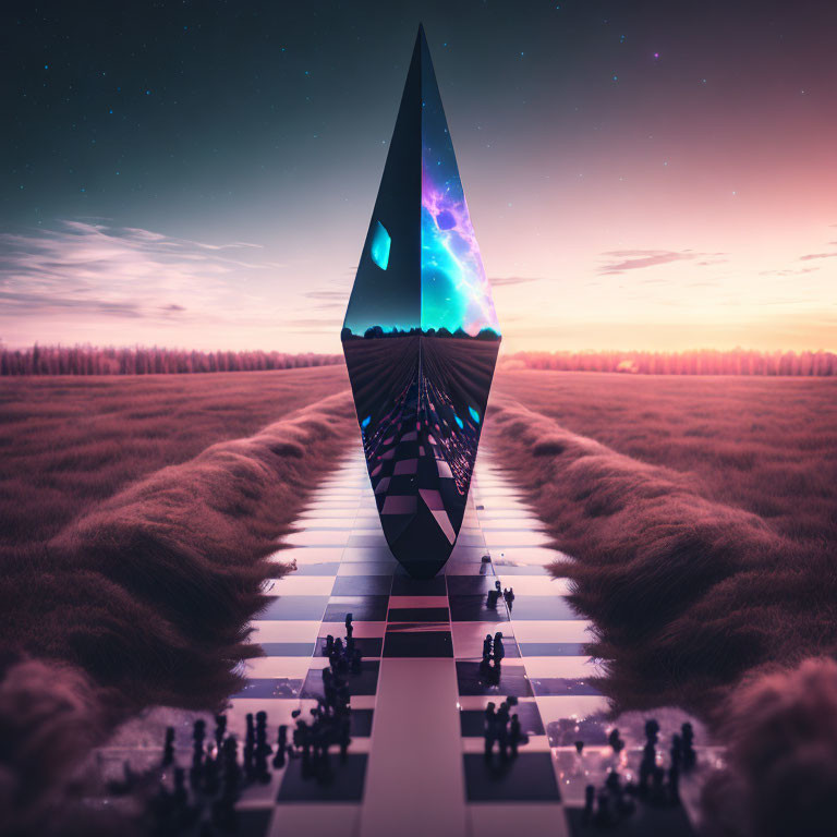 Surreal landscape with oversized gem-like structure on chessboard path