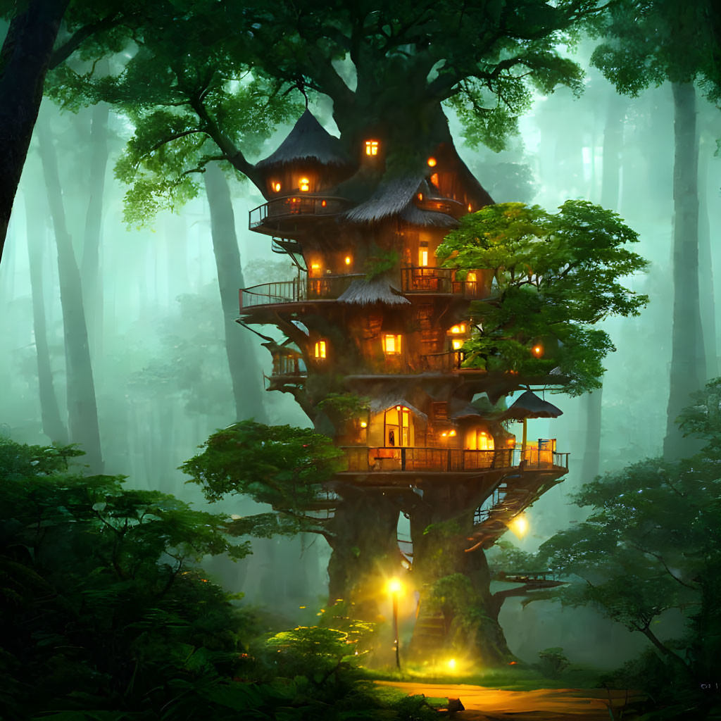 Misty forest treehouse with multiple levels at twilight