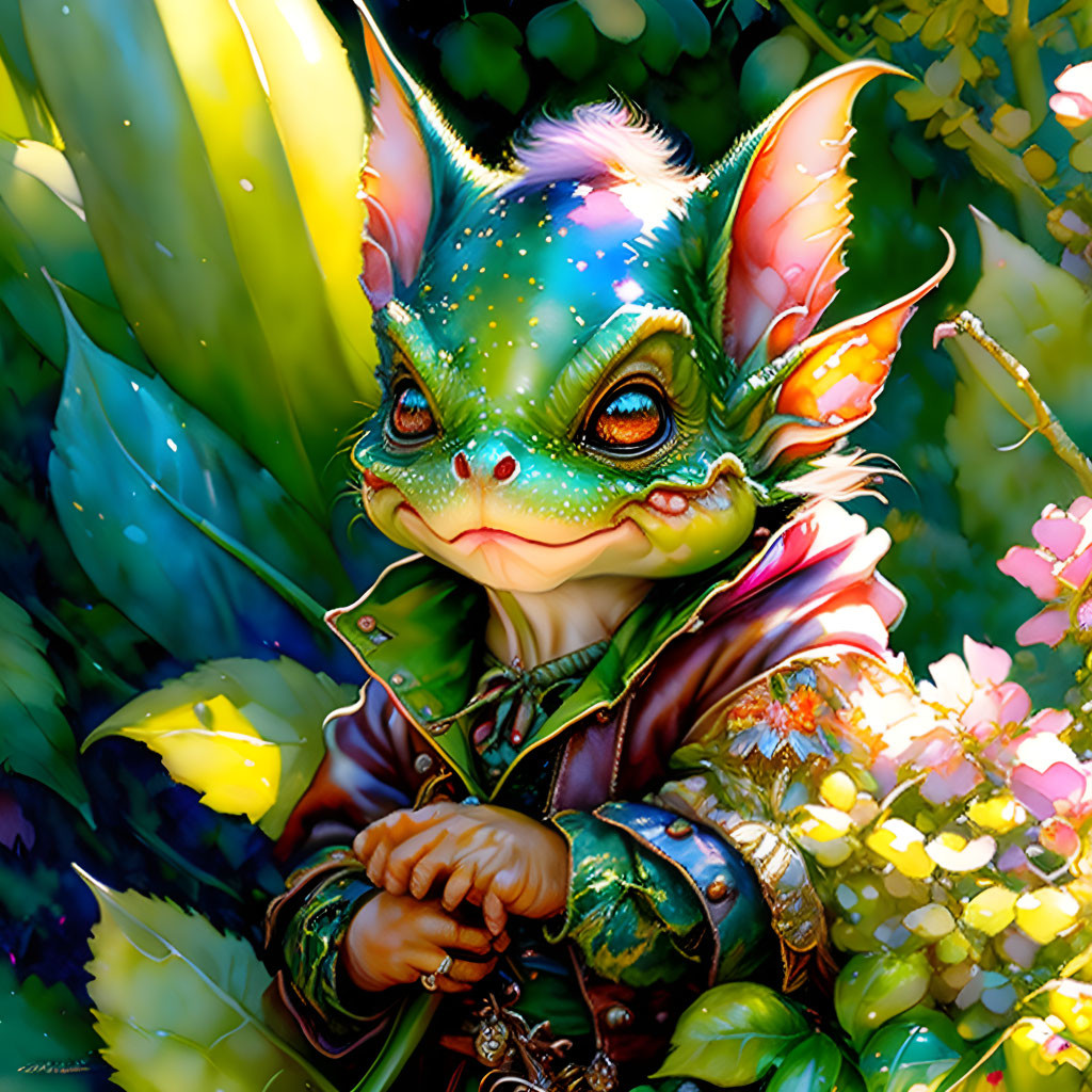 Whimsical creature with large ears in lush greenery