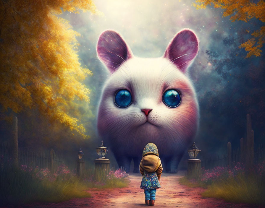 Child encounters giant whimsical bunny in dreamy autumn park