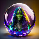 Colorful Fantasy Art: Female Figure with Green Skin and Multicolored Hair in Crystal Sphere