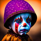 Child in Clown Costume with Purple Hat and Expressive Makeup