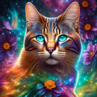 Colorful Cat Face Artwork with Captivating Blue Eyes on Cosmic Background