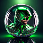 Futuristic knight in metallic green armor inside reflective bubble