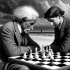 Elderly man and young person playing chess on surreal beach background