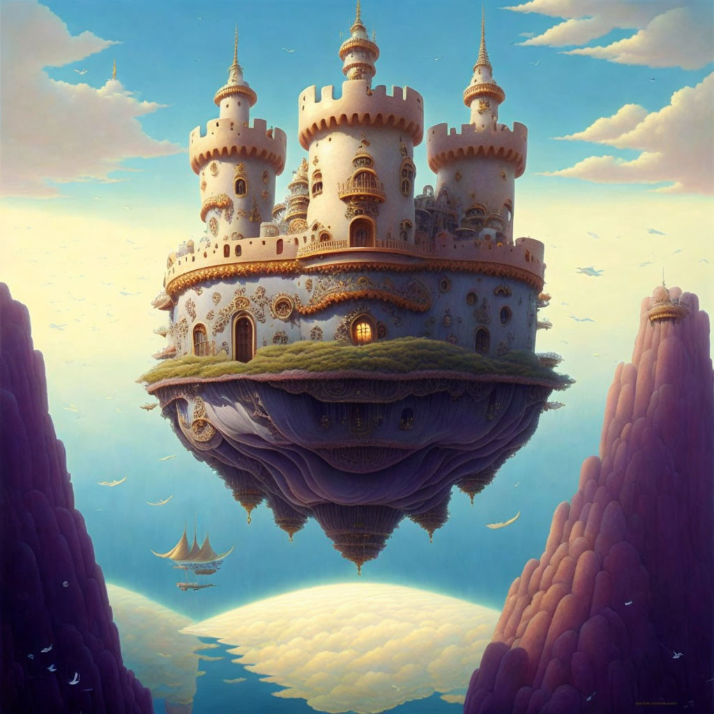 Fantastical floating castle with multiple towers against a blue sky and ships sailing.