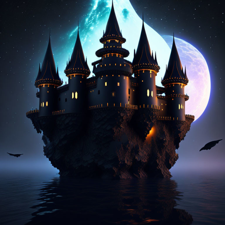 Floating castle illuminated by golden lights under night sky with moon and soaring birds