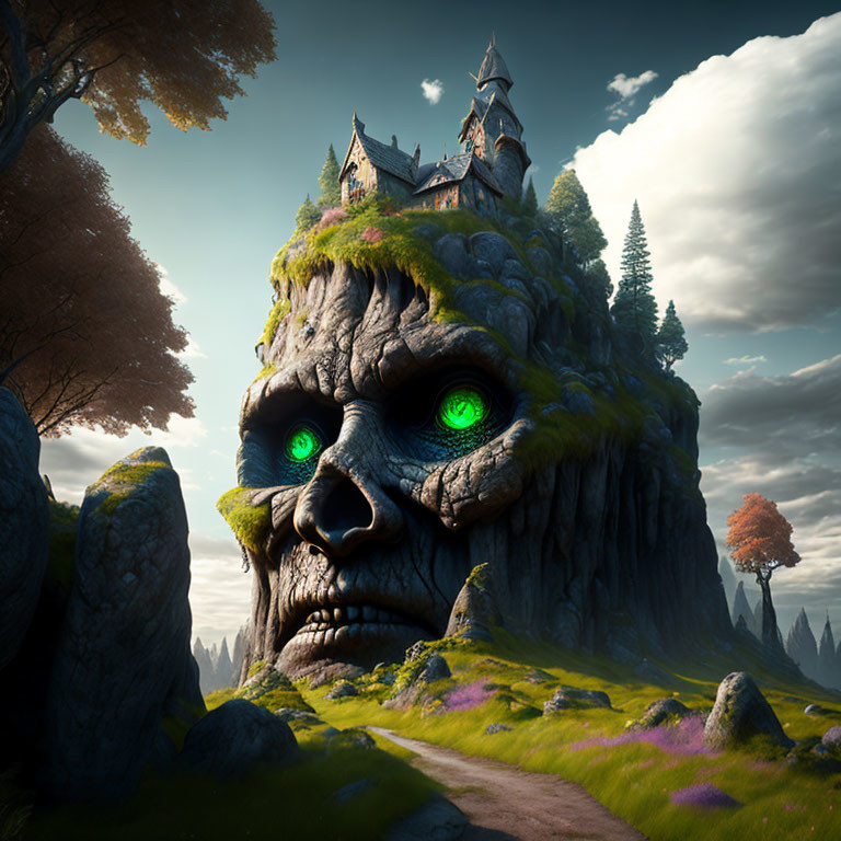 Fantastical landscape with giant rocky face, glowing green eyes, and castle on head surrounded by lush