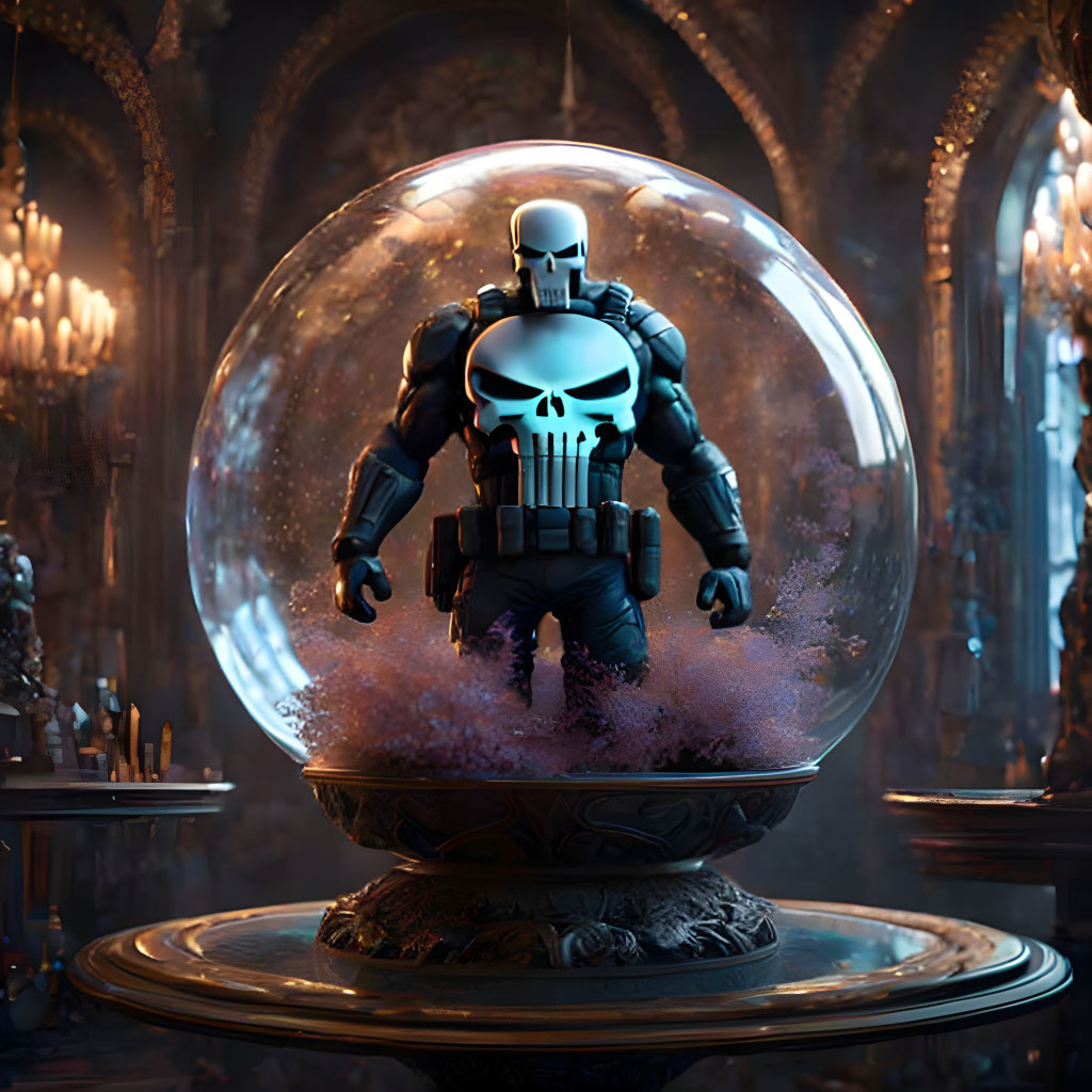 Gothic Punisher figurine in glass dome with candles