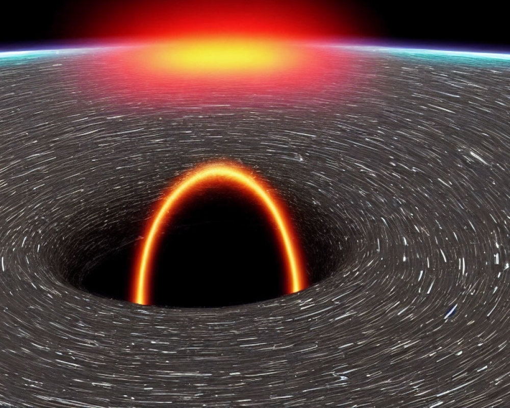 Digital depiction of black hole with accretion disk and star trails in cosmic setting