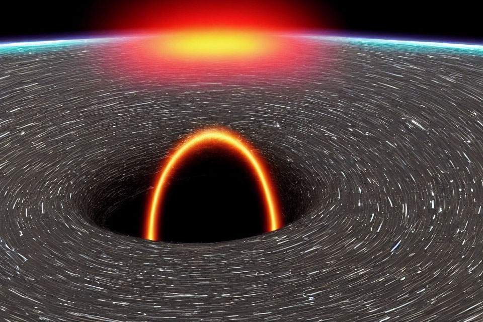 Digital depiction of black hole with accretion disk and star trails in cosmic setting