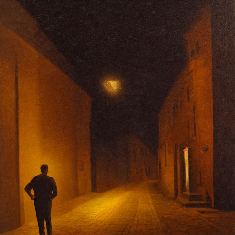 Solitary figure in dimly lit cobblestone street at night