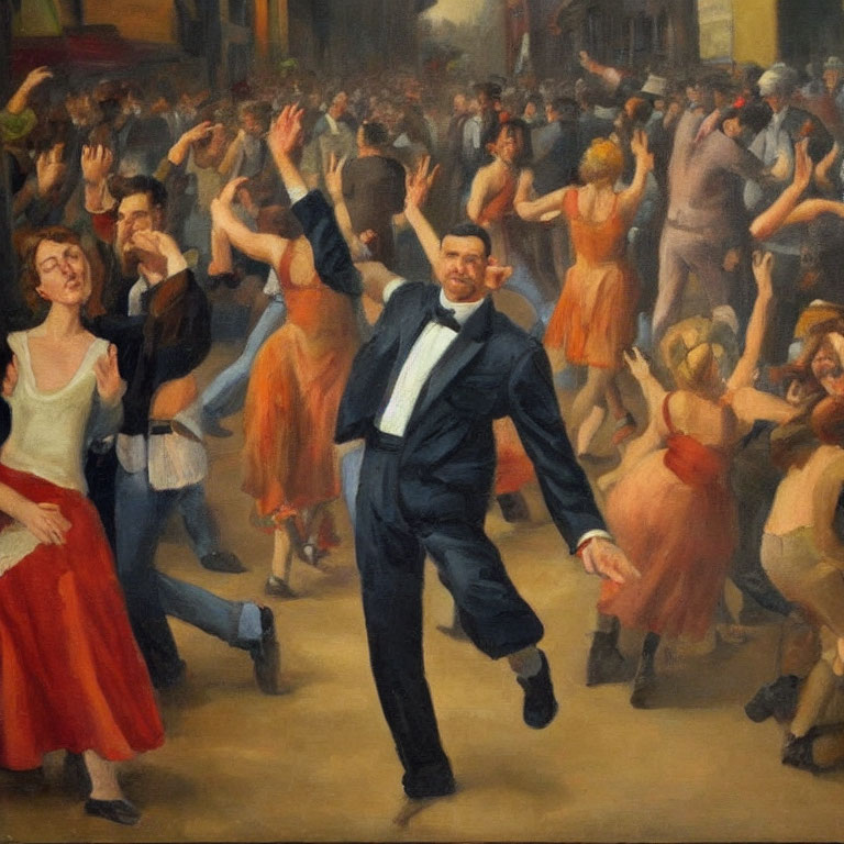 Vibrant dance hall scene with man in black suit leading energetic crowd