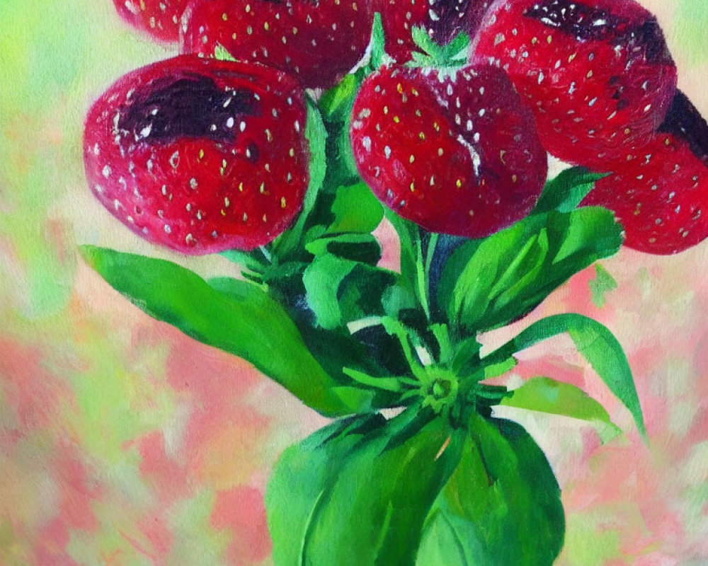 Colorful painting of ripe strawberries on pink and green backdrop