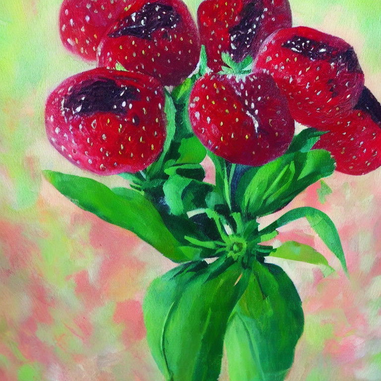 Colorful painting of ripe strawberries on pink and green backdrop