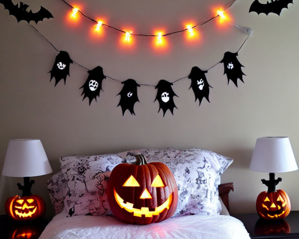 Spooky Halloween bedroom decor with pumpkin lights, jack-o'-lanterns, and bat decorations