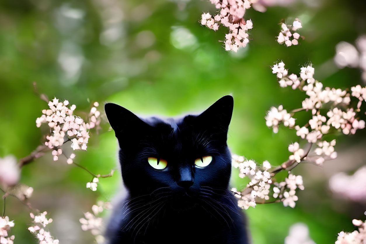 Black Cat with Yellow Eyes Among Pink Blossoms on Green Background