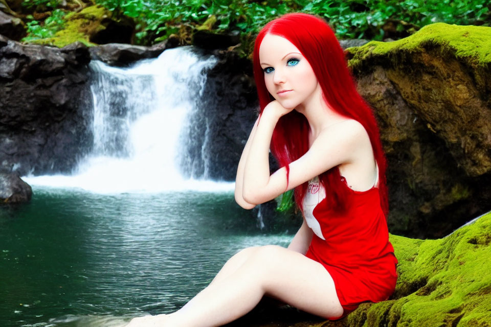 Red-haired woman in red dress by mossy rocks near waterfall