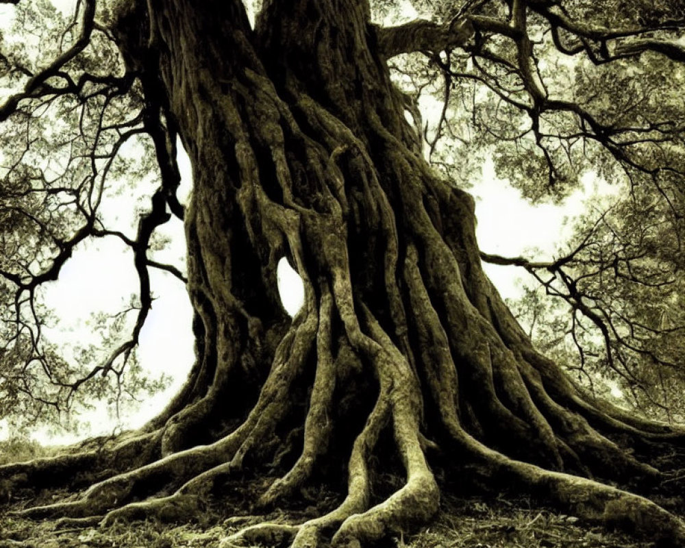 Ancient gnarled tree with massive roots and dense canopy